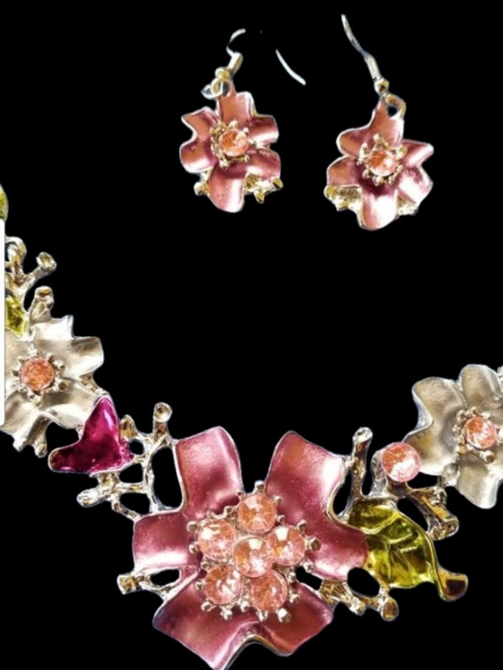 Pink & Green Crystal Floral Necklace with Matching Earrings - NWOT